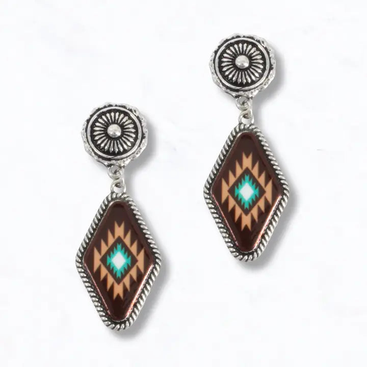 Southwest Pattern Silver Earrings ~ Brown - Henderson's Western Store