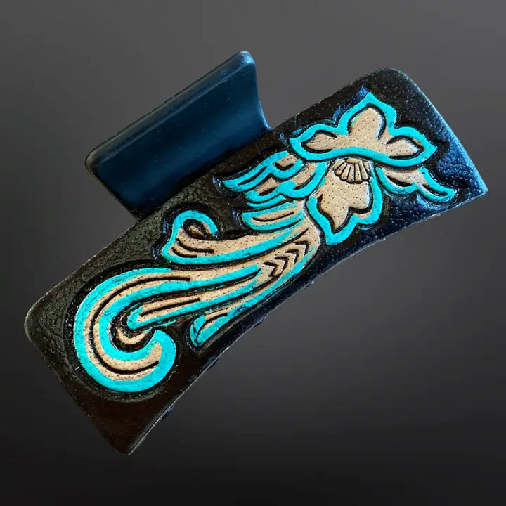 Tooled Leather Claw Clip ~ Turquoise - Henderson's Western Store