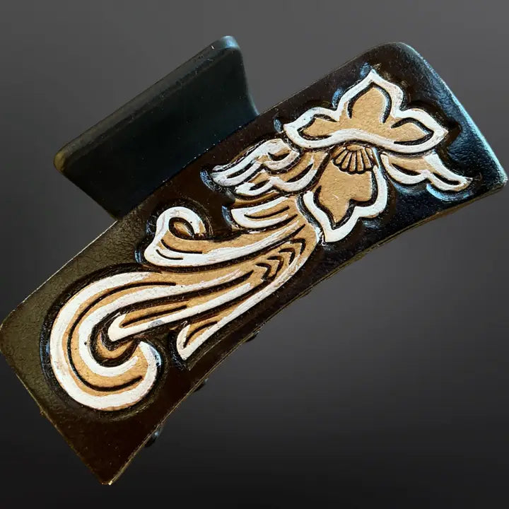 Tooled Leather Claw Clip ~ White - Henderson's Western Store