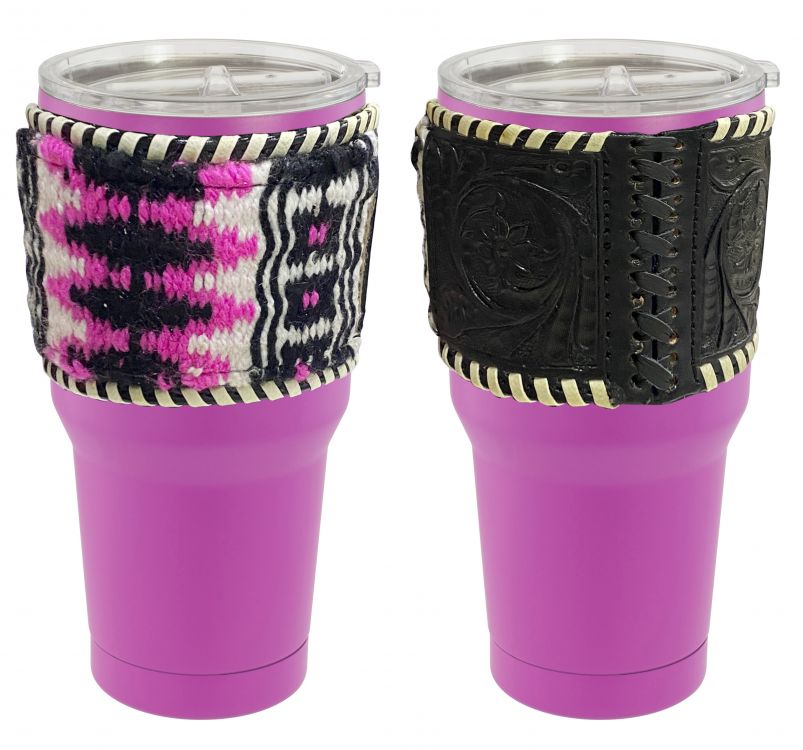 30 oz Insulated Pink Tumbler with Removable Argentina Cow Leather Wool Saddle Blanket Sleeve - Henderson's Western Store