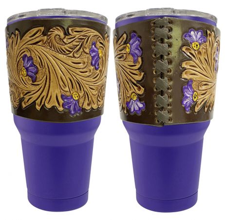 30 oz Insulated Purple Tumbler with Removable Leather Aztec Print Sleeve - Henderson's Western Store