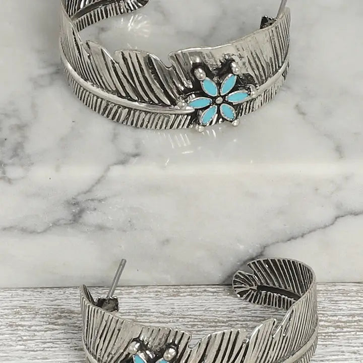 Western Floral Stone Feather Hoop Earrings - Henderson's Western Store