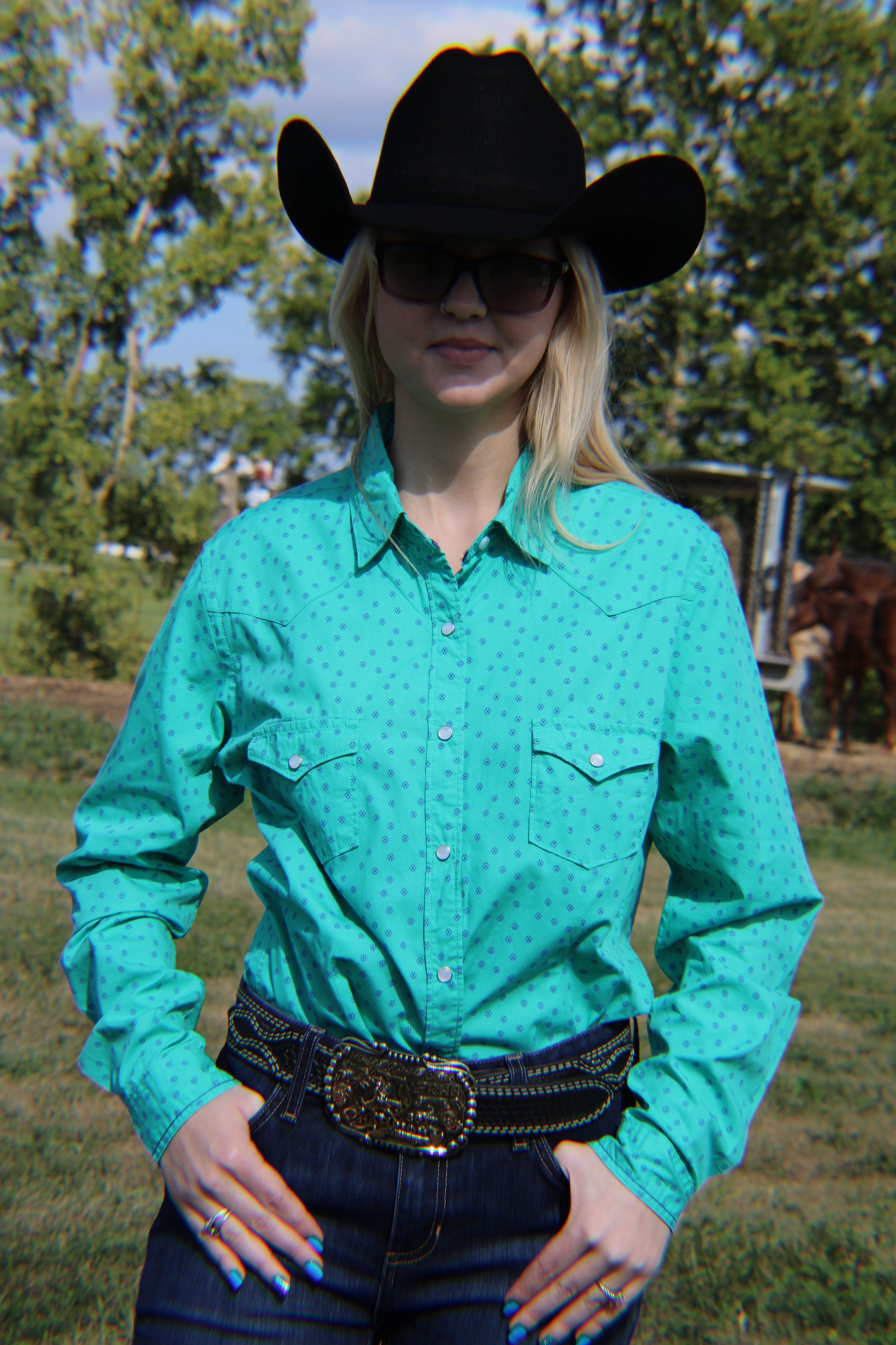 Ladies Rough Stock ~ Turquoise Print - Henderson's Western Store