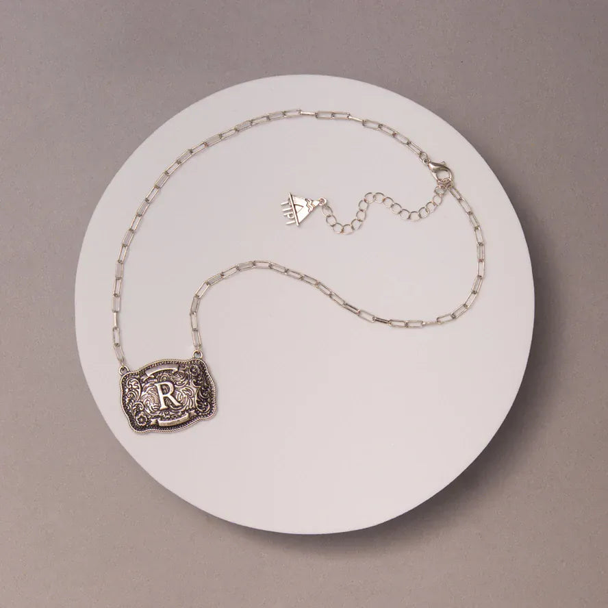 Western Buckle Initial Necklace ~ R - Henderson's Western Store