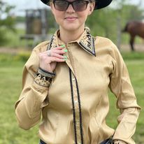 Load image into Gallery viewer, RHC Taffeta Bling Concealed Zipper Show Shirt - Gold - Henderson&#39;s Western Store