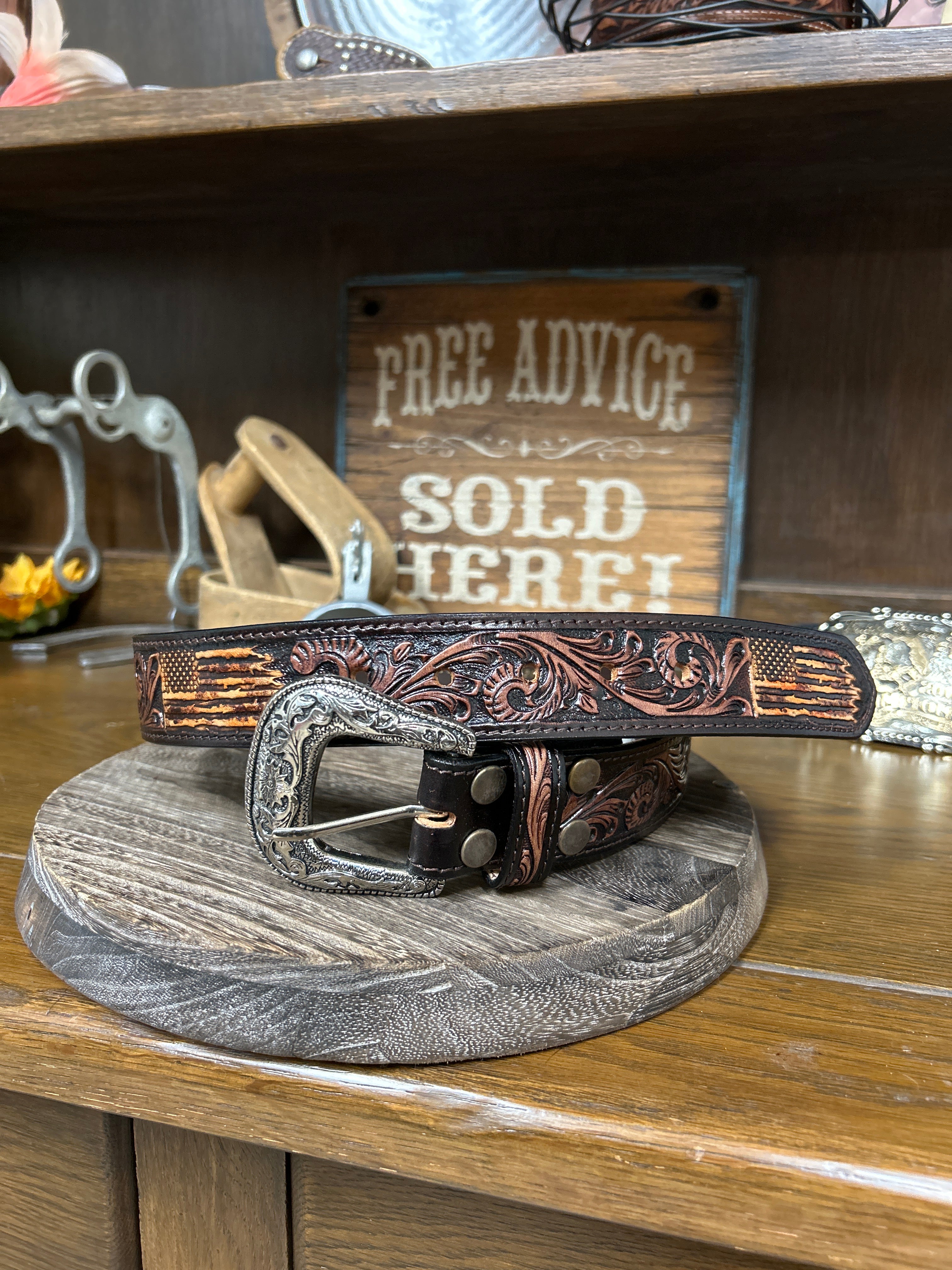 Leather Tooled Belt~Flag - Henderson's Western Store