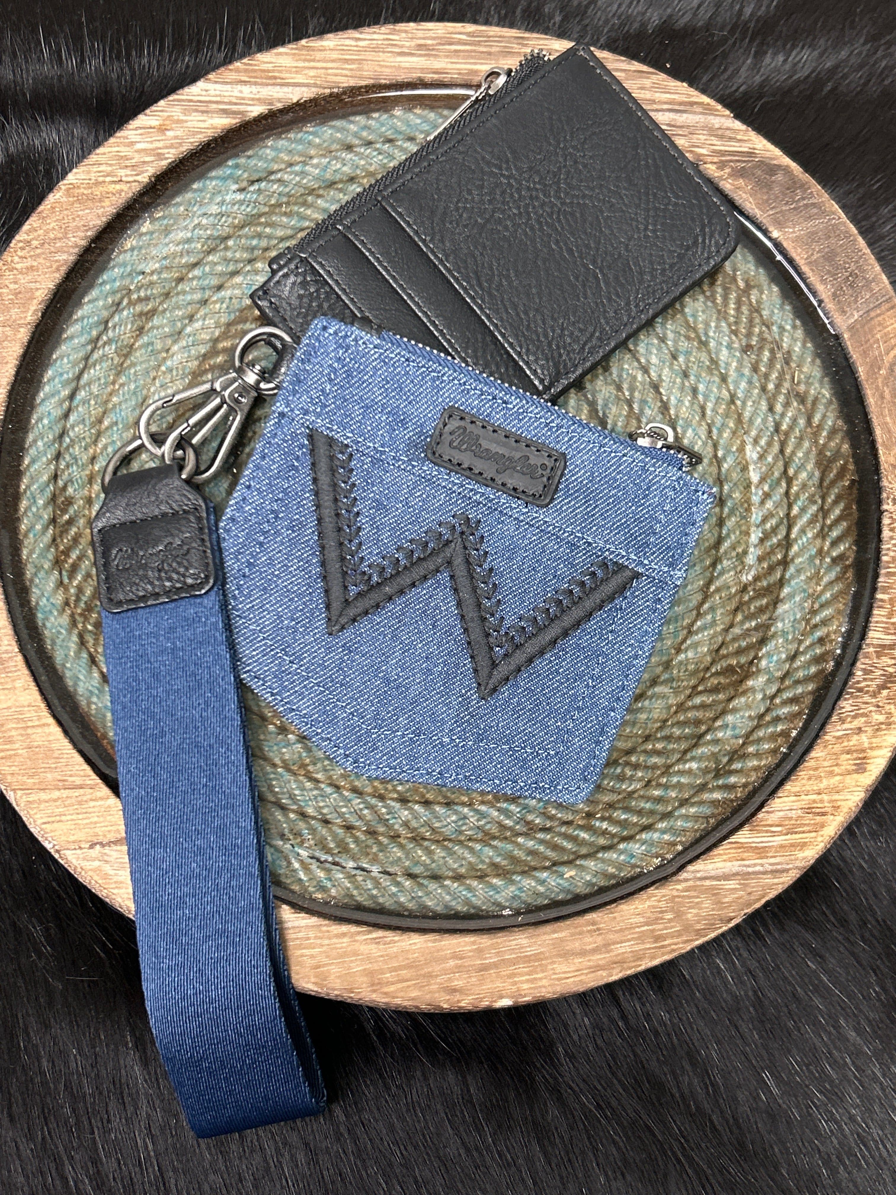 Wrangler logo "W" Embroidered Dual Pouch Wristlet ~ Black - Henderson's Western Store