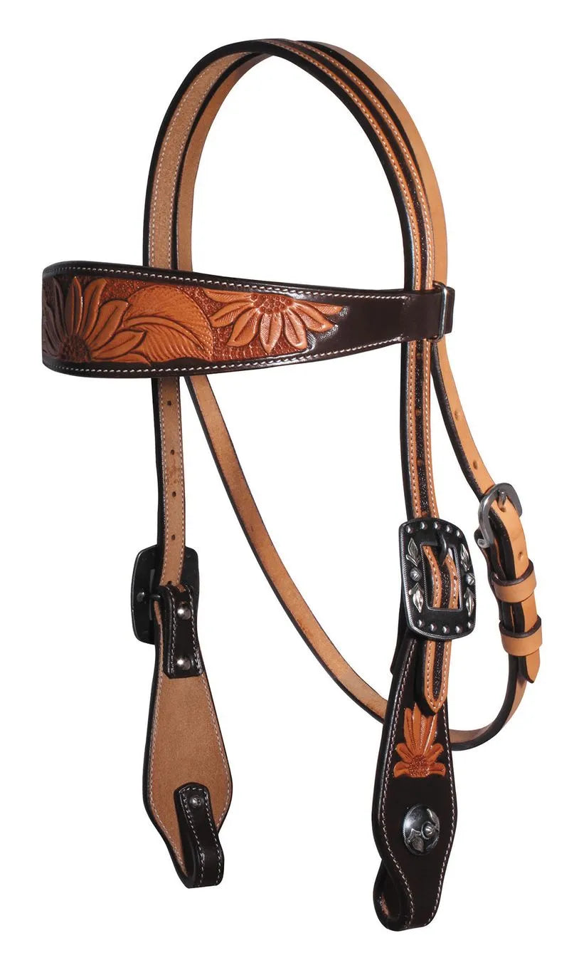 Sunflower Tooled Leather  Browband - Henderson's Western Store