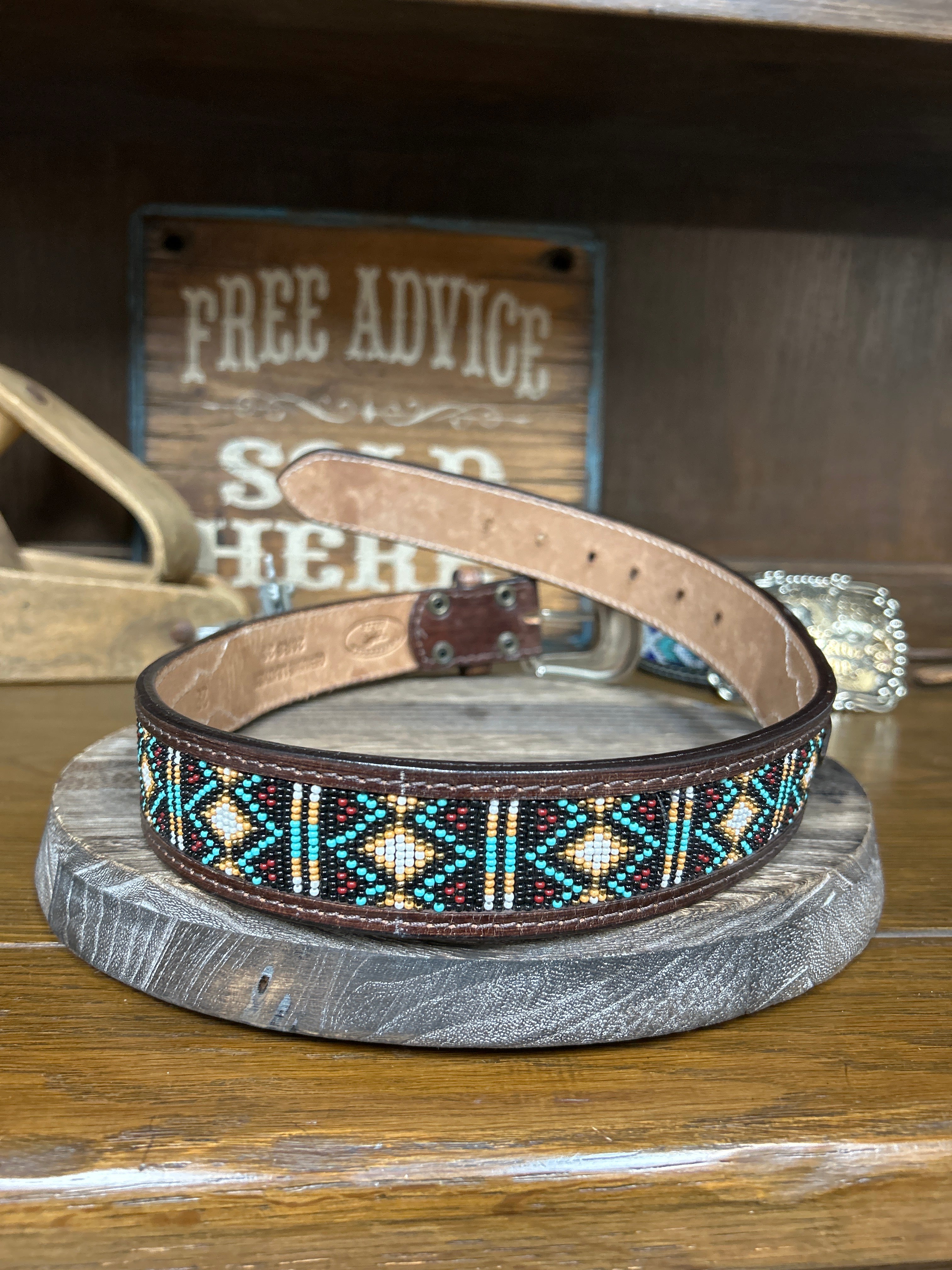 Leather Beaded Inlay Belt~Teal - Henderson's Western Store