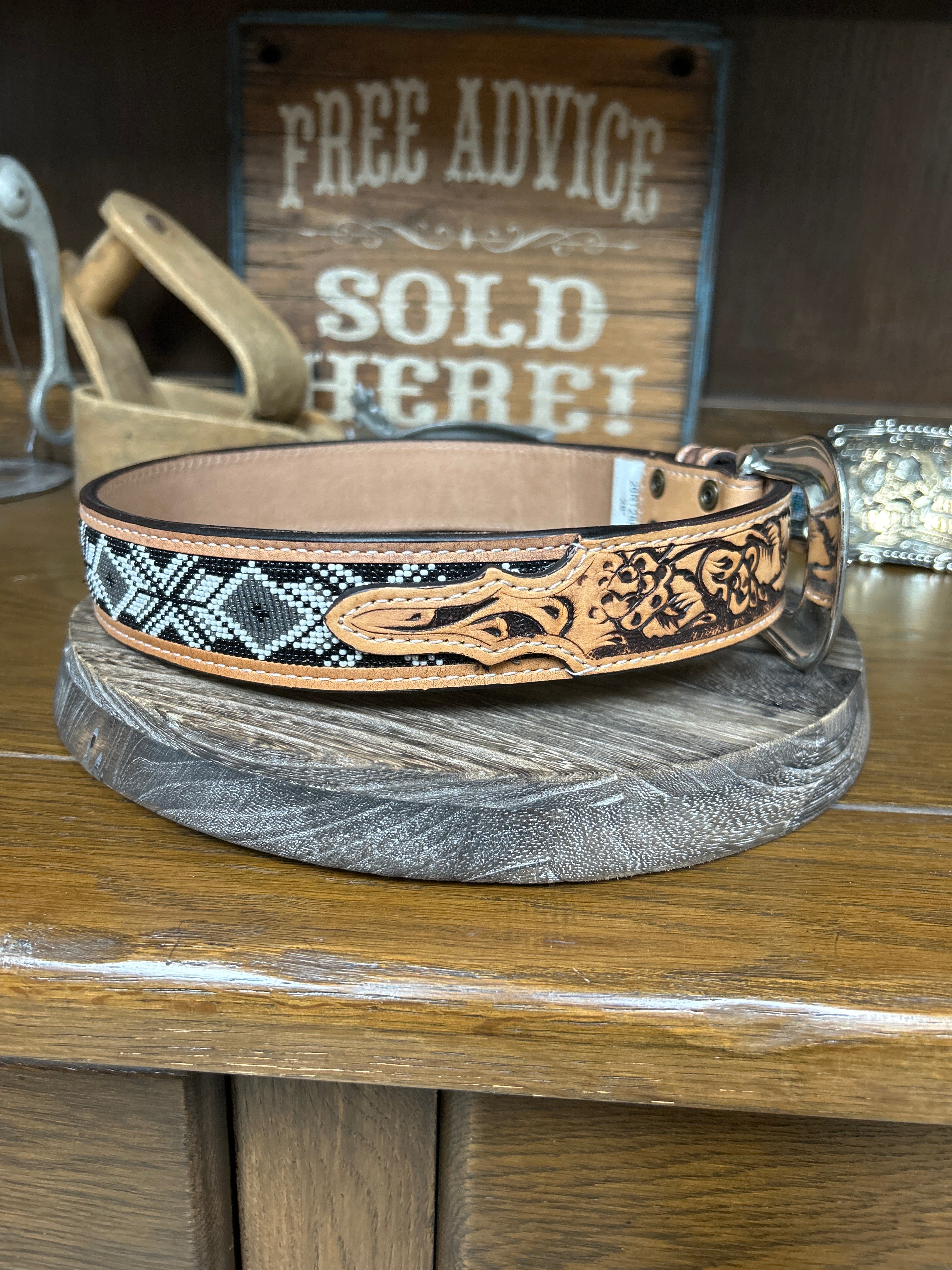Leather Beaded Inlay Belt~Silver - Henderson's Western Store