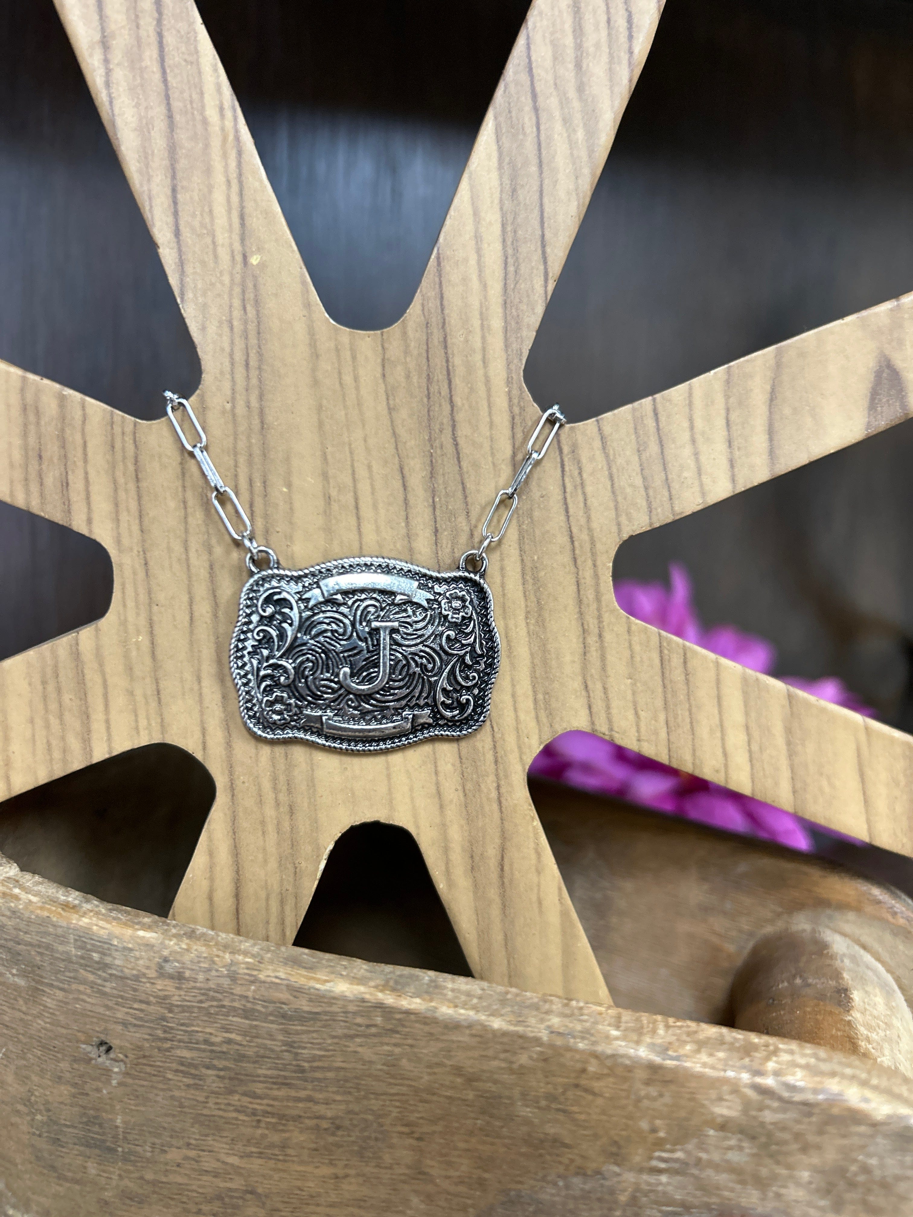 Western Buckle Initial Necklace ~ J - Henderson's Western Store