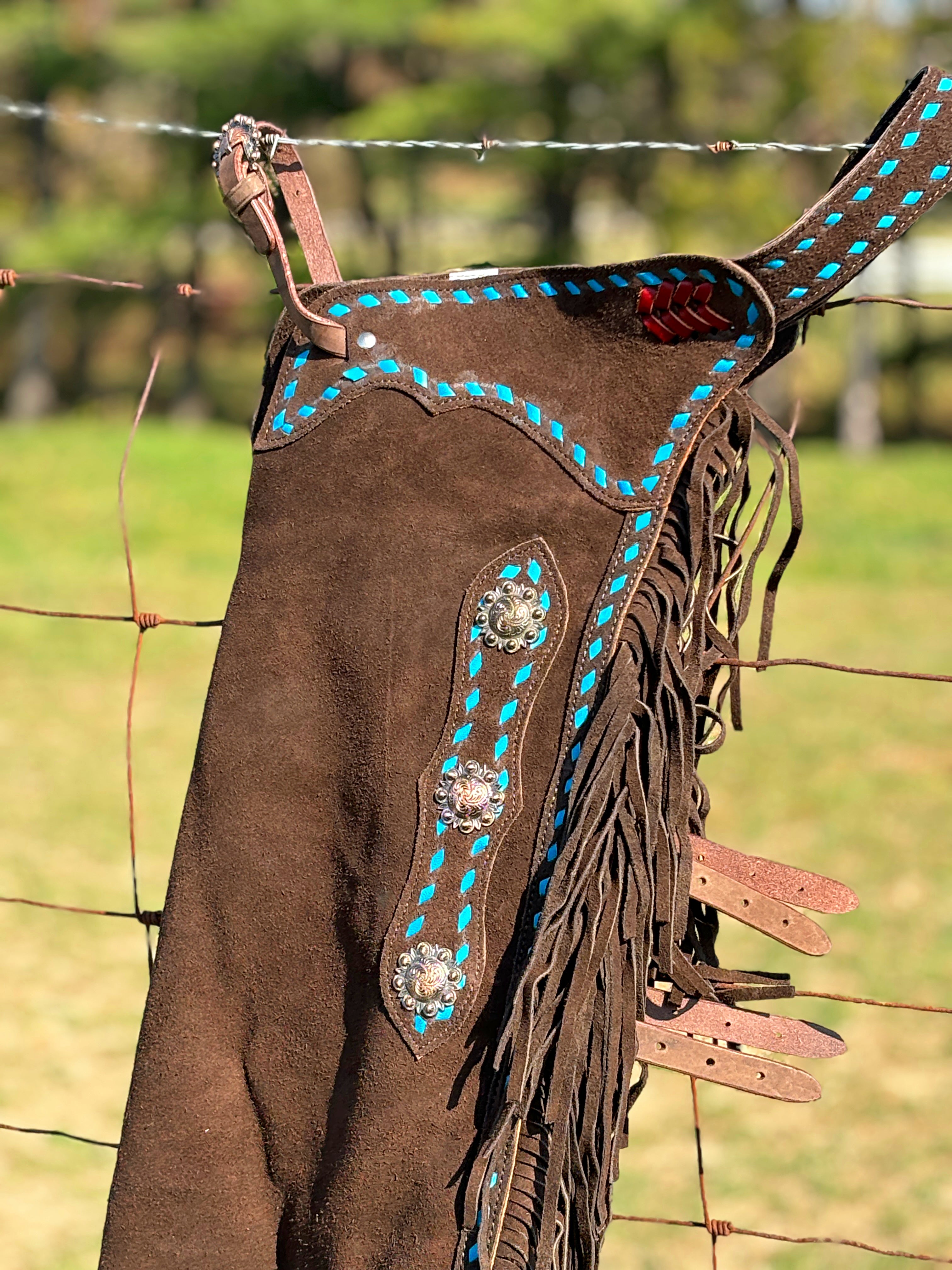 Chocolate Suede Chink W/Turquoise Buckstitch - Henderson's Western Store