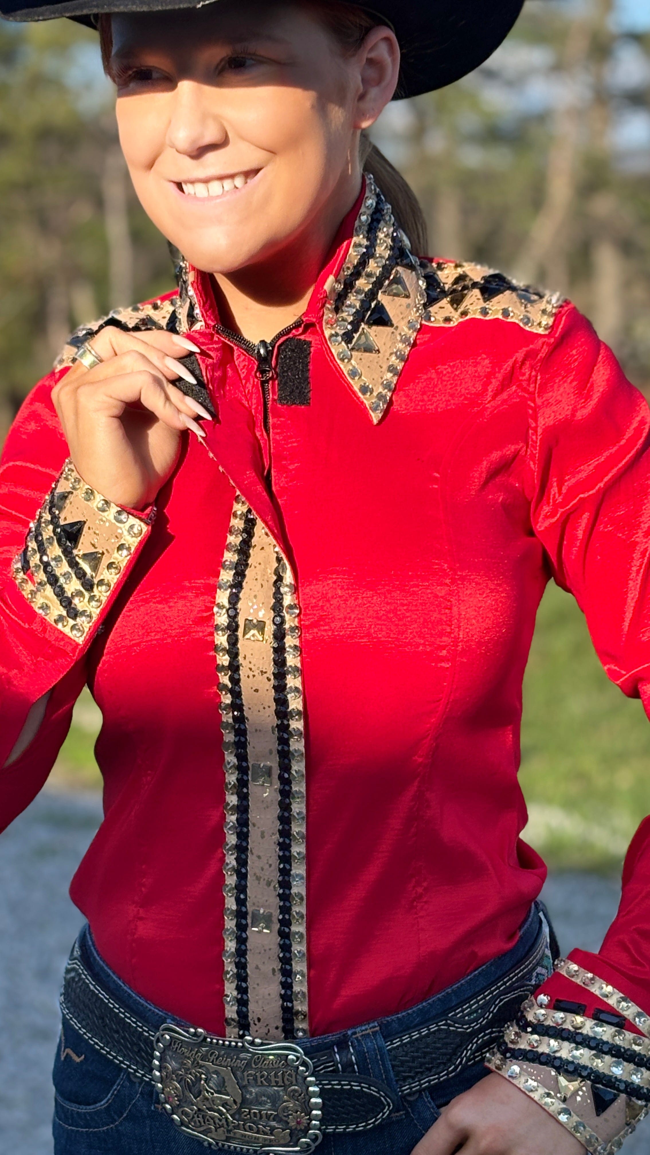 RHC Taffeta Bling Concealed Zipper Show Shirt -Red - Henderson's Western Store