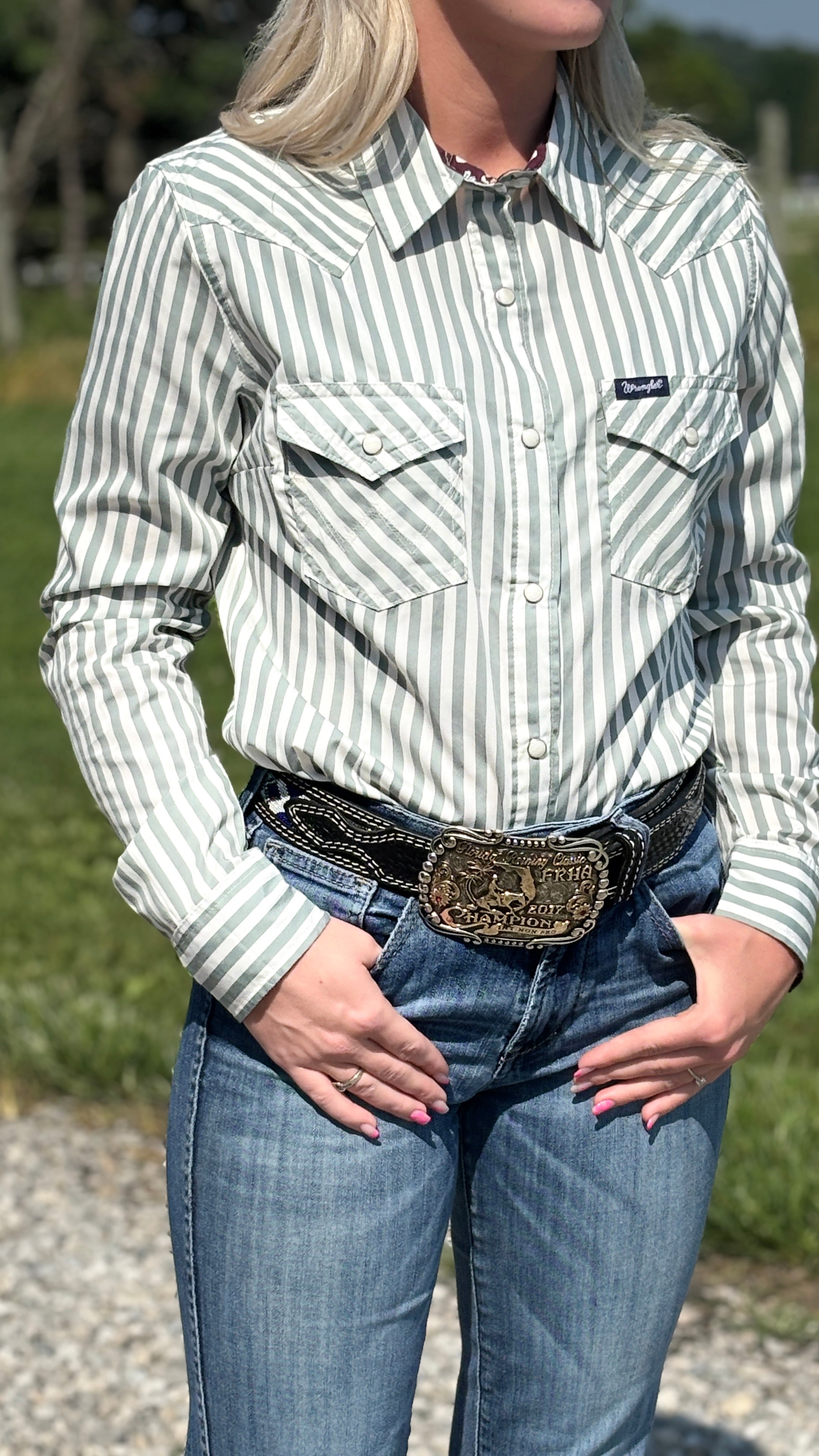 Wrangler Retro Western Snap ~ Green Stripe - Henderson's Western Store