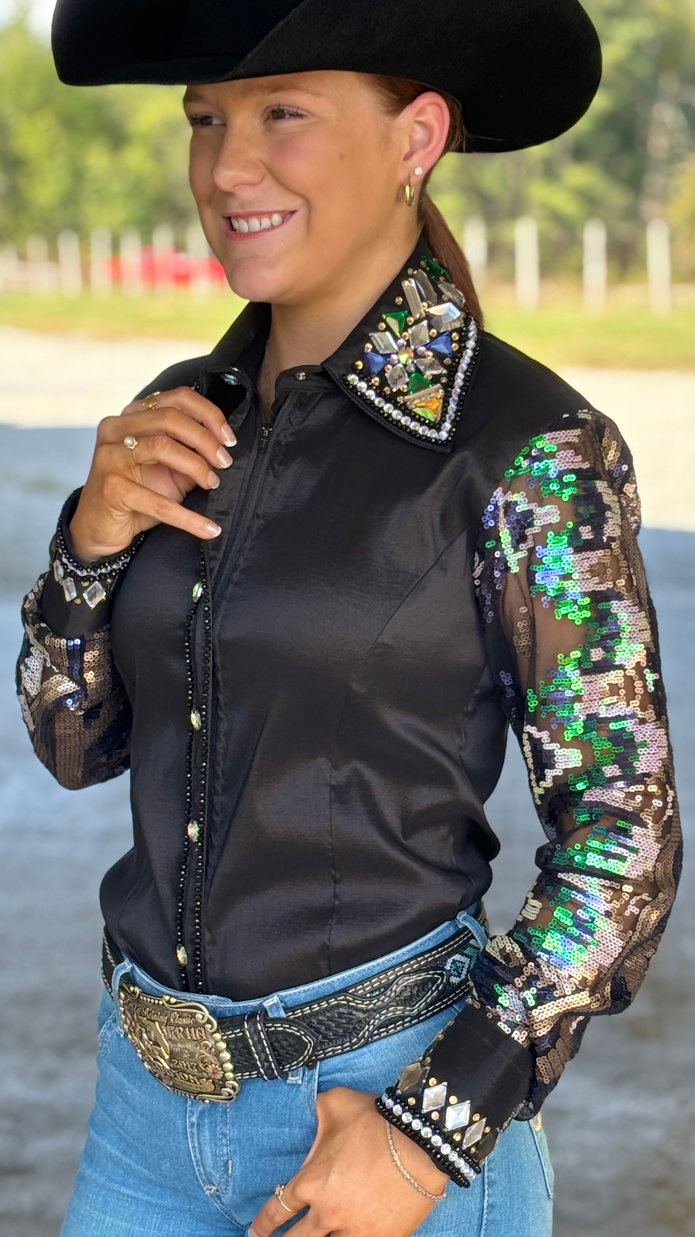 RHC Taffeta Bling Sheer Sleeve - Black/Silver - Henderson's Western Store