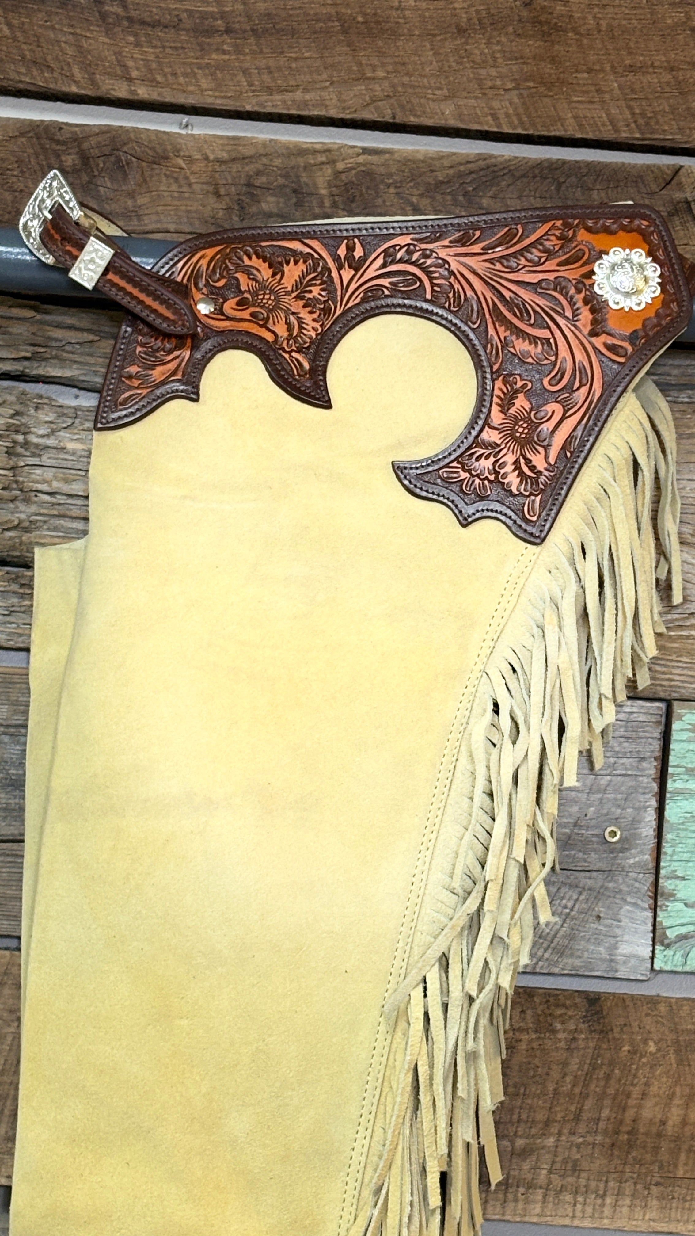 Suede Tooled Top Chaps ~ Sand - Henderson's Western Store