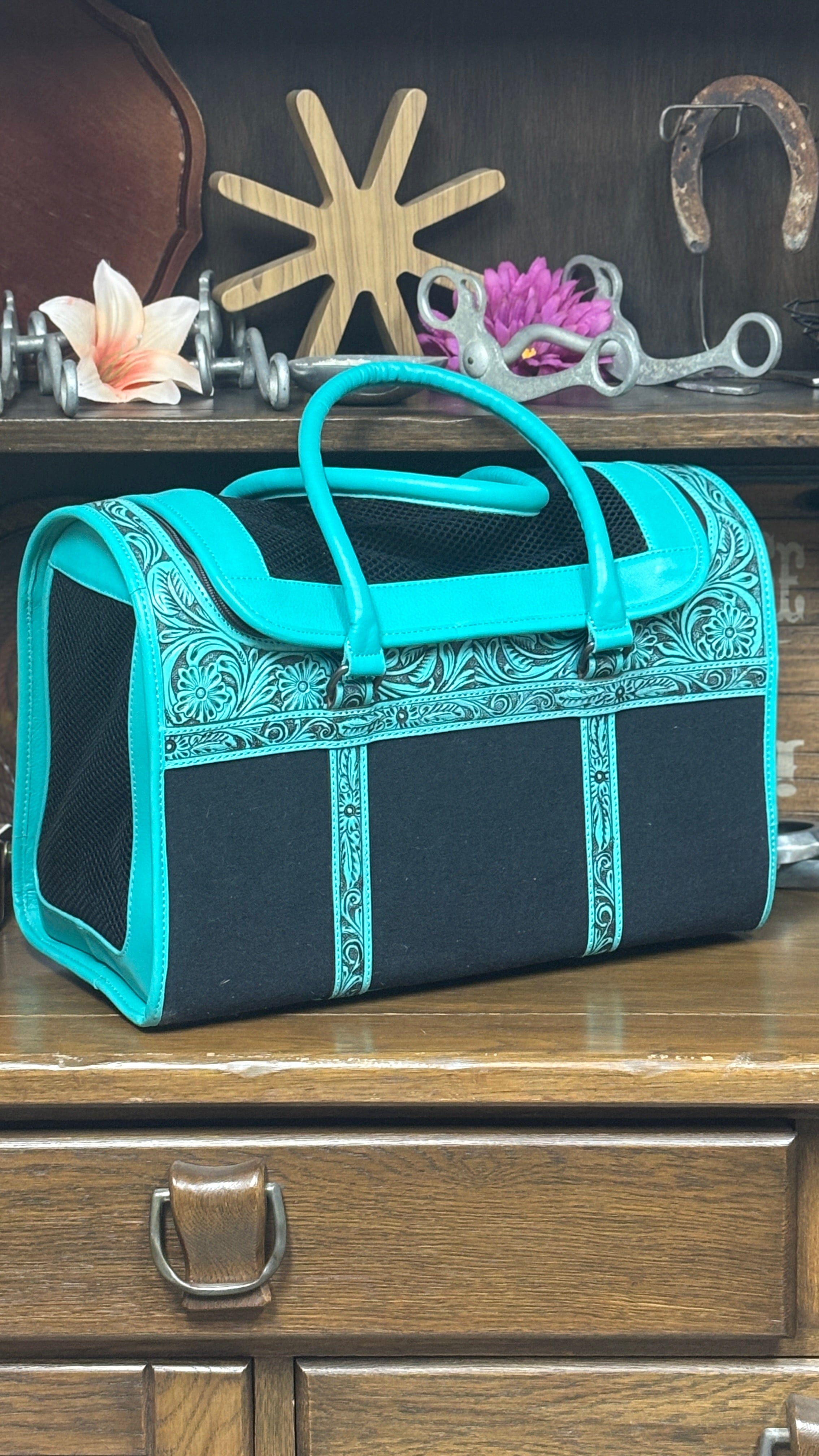 Tooled Leather Pet Carrier ~ Turquoise - Henderson's Western Store