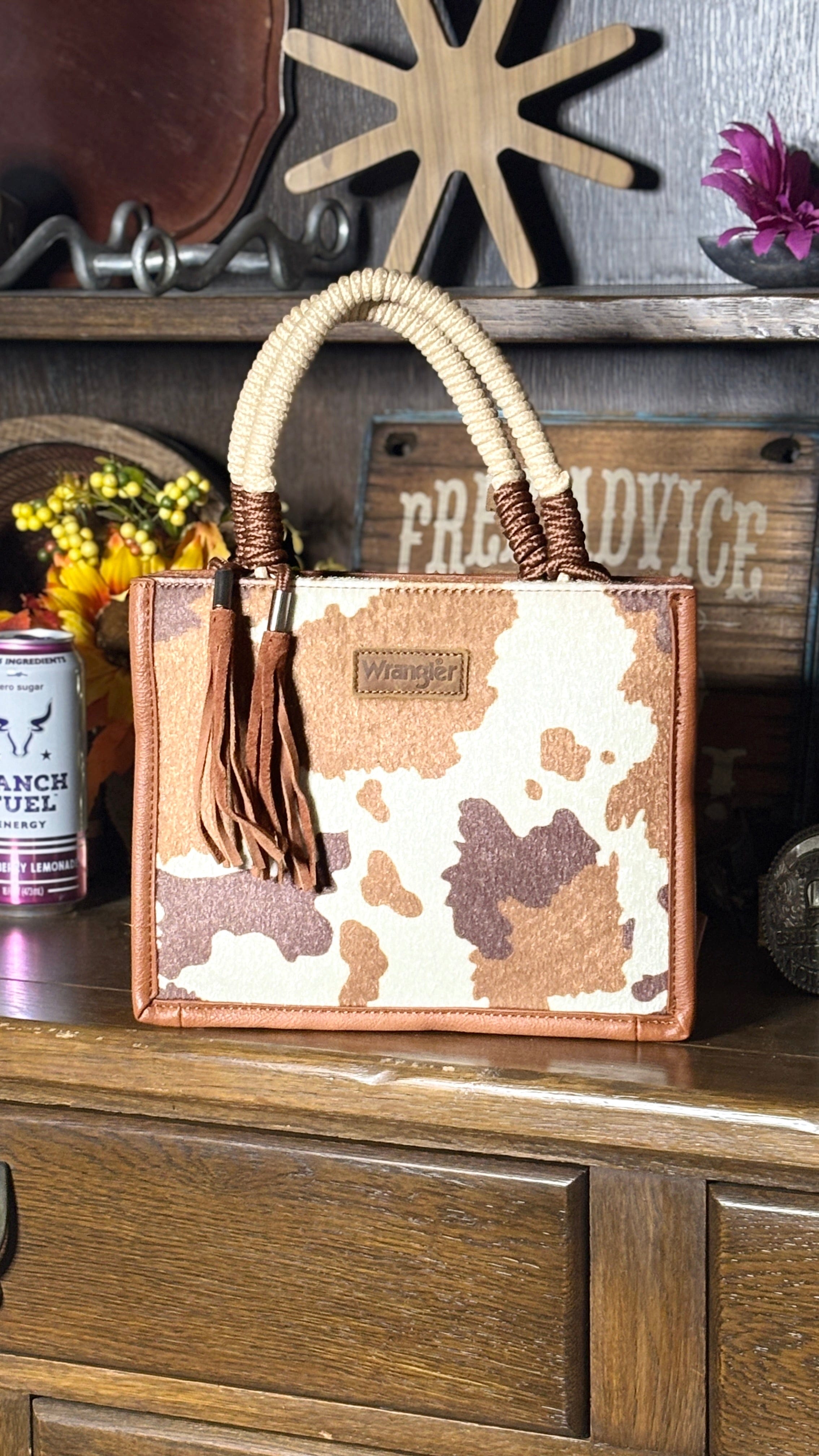 Wrangler Cow Print Tote/Crossbody ~ Brown - Henderson's Western Store