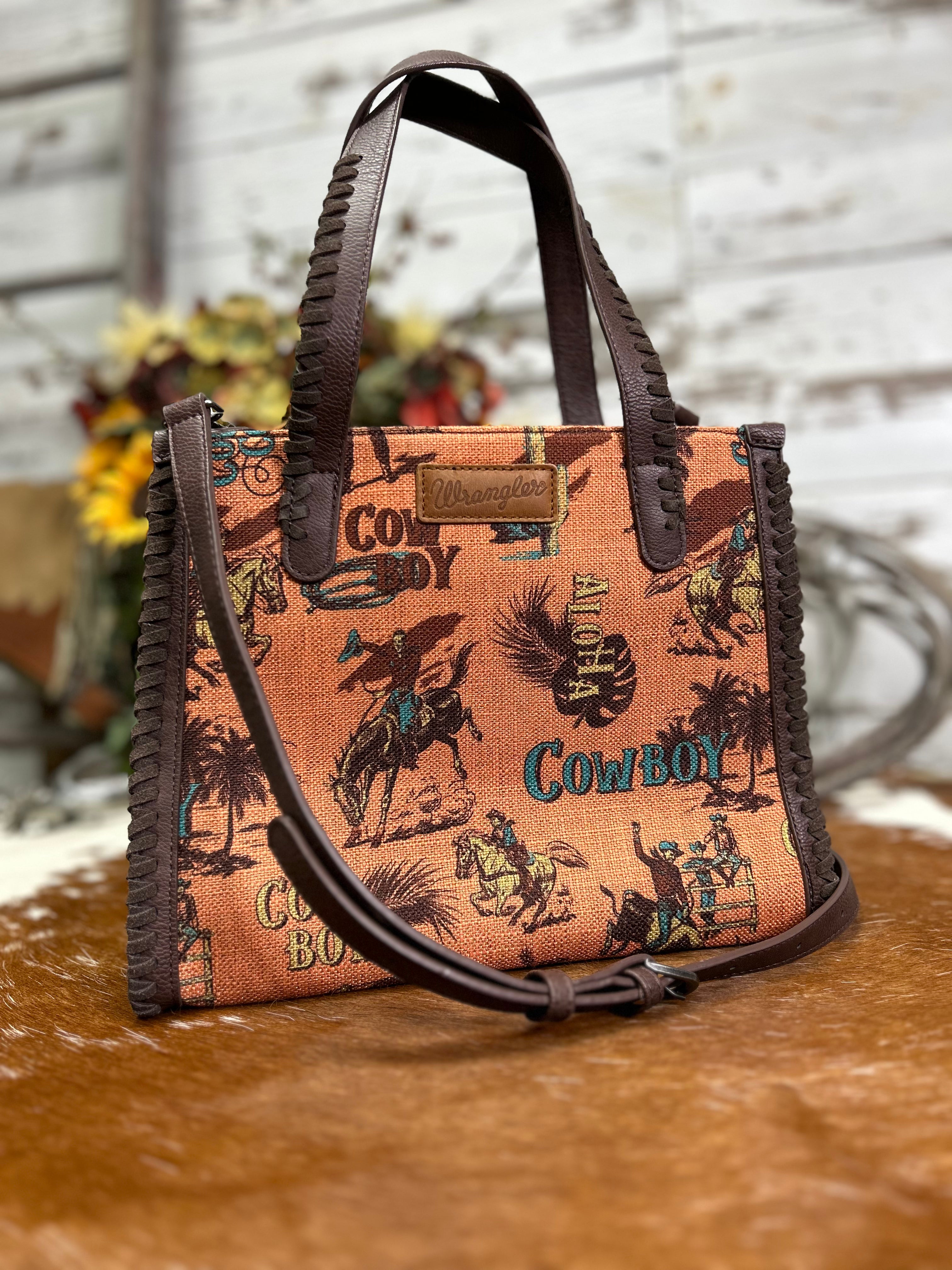 Wrangler Vintage Print Carry Satchel/Crossbody ~ Brown - Henderson's Western Store