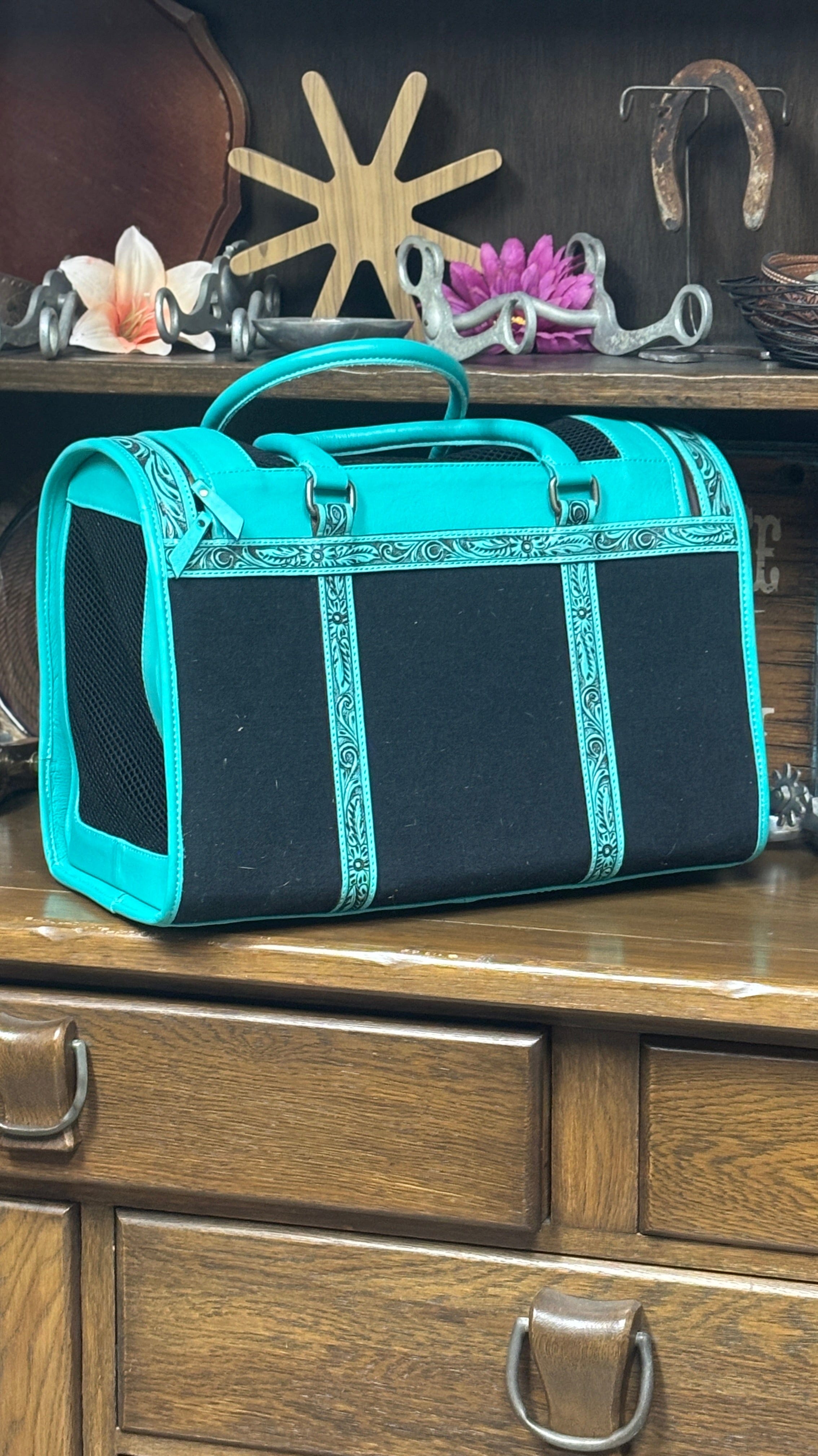 Tooled Leather Pet Carrier ~ Turquoise - Henderson's Western Store