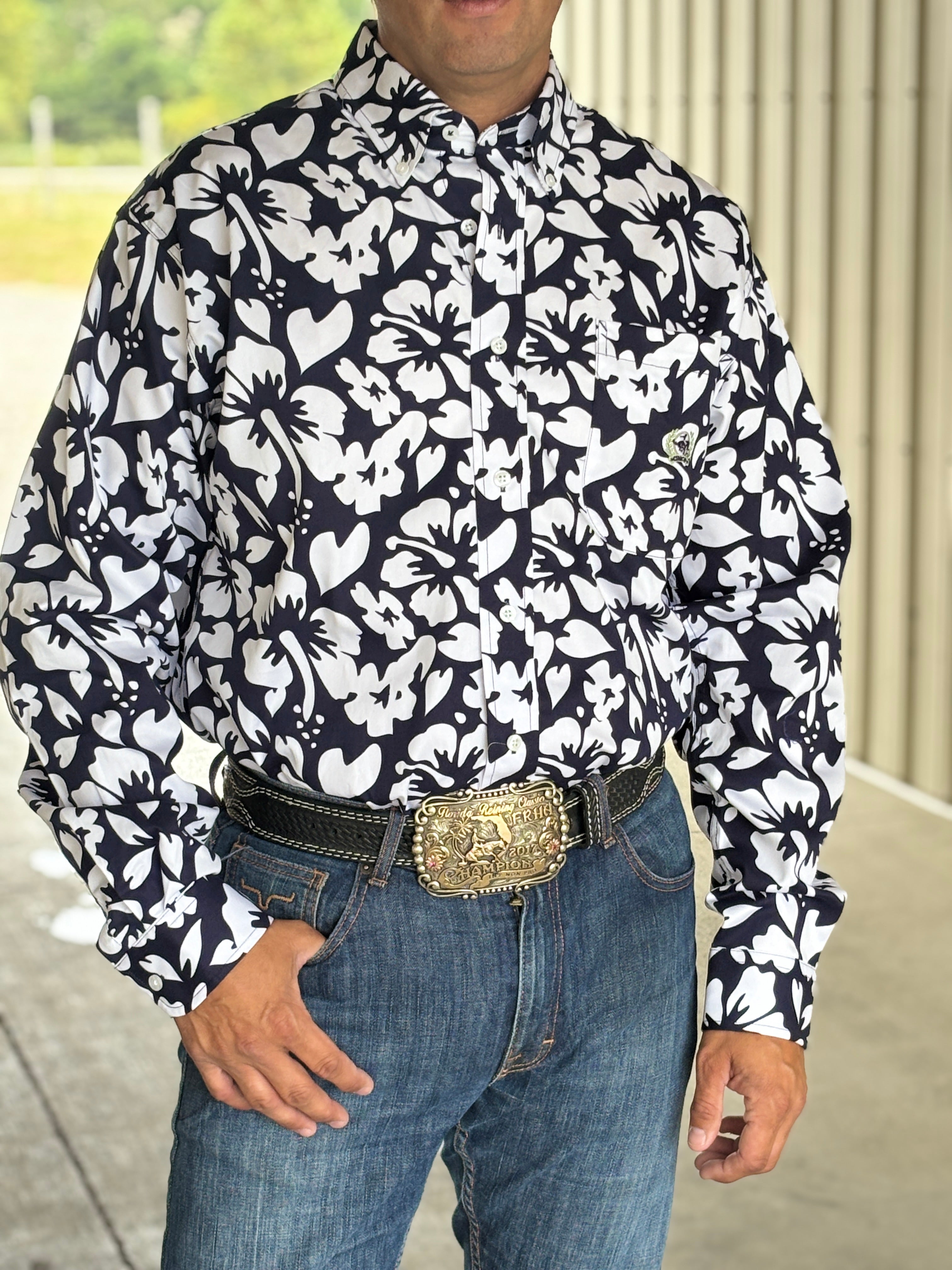 Men's Hibiscus Print Button-Down Western Shirt - Navy - Henderson's Western Store