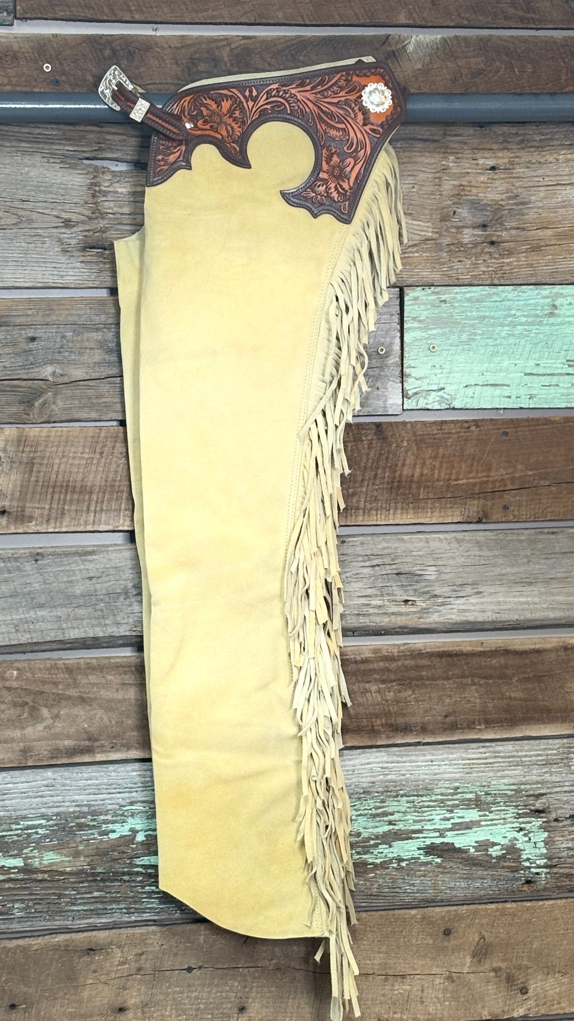 Suede Tooled Top Chaps ~ Sand - Henderson's Western Store