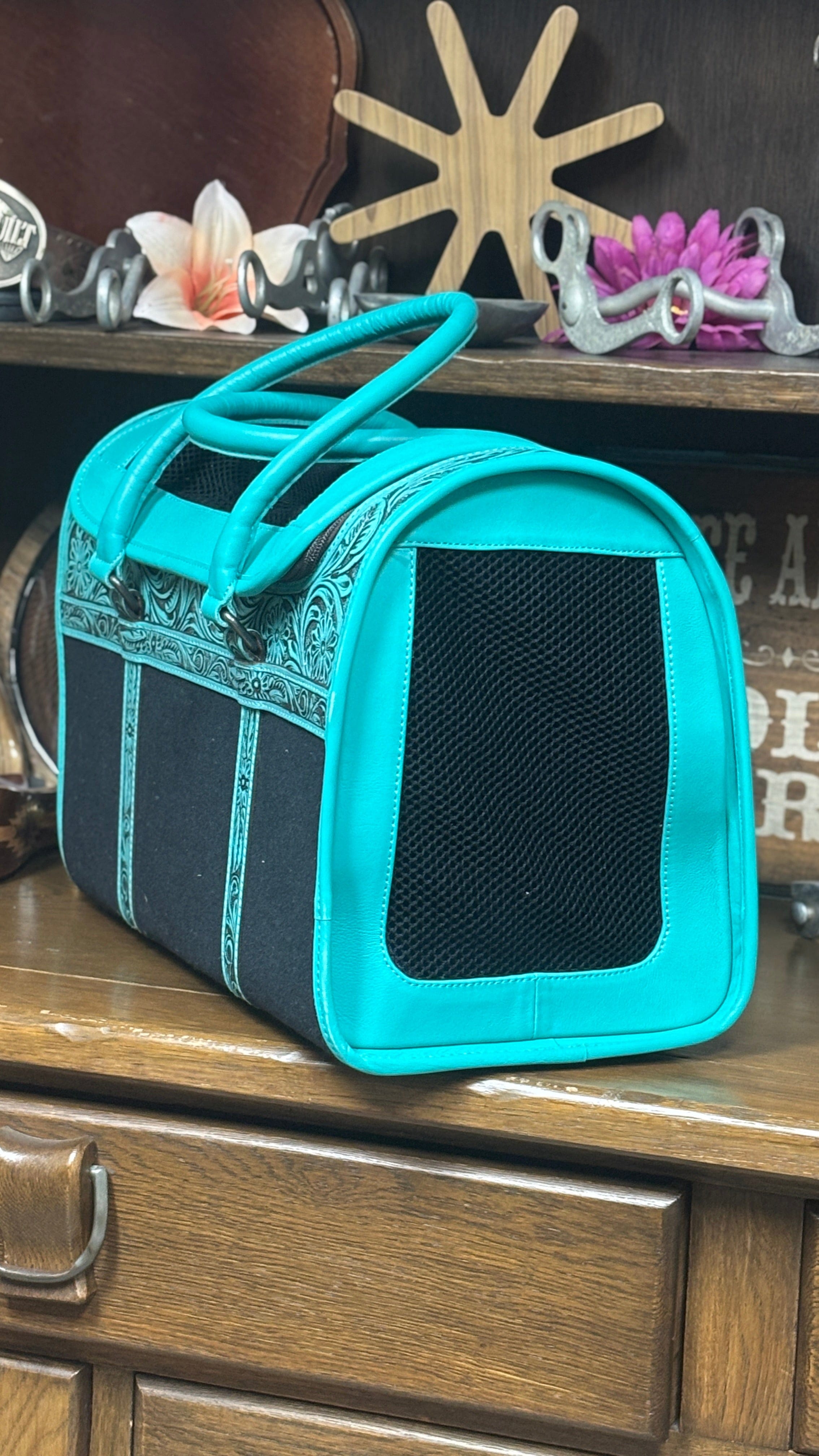 Tooled Leather Pet Carrier ~ Turquoise - Henderson's Western Store