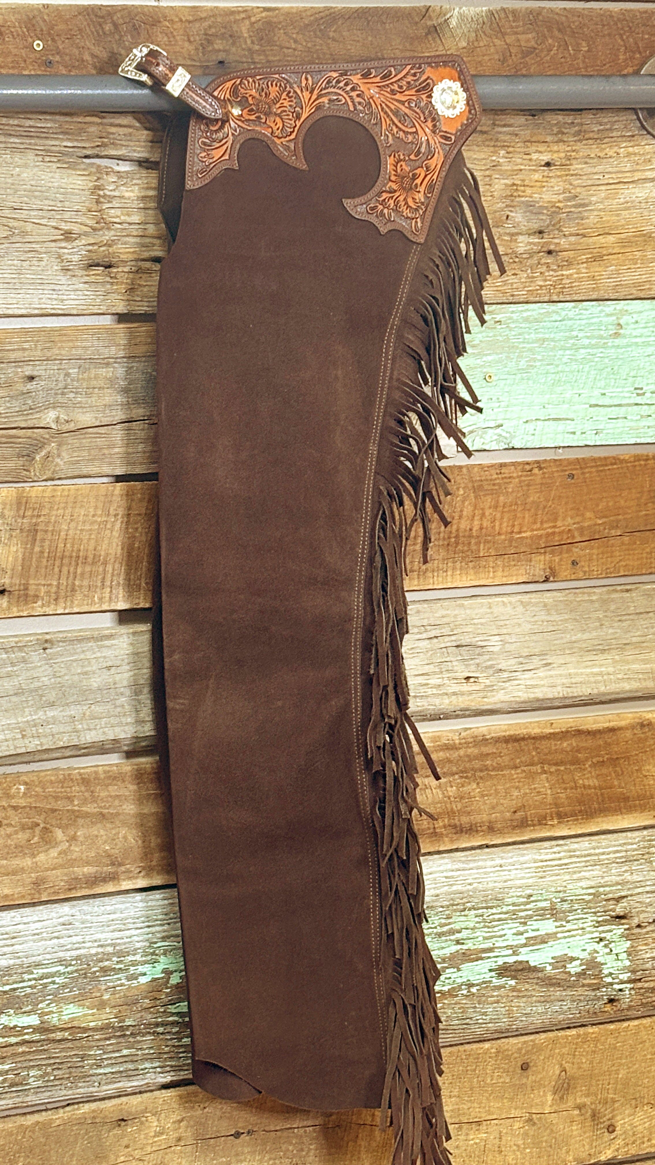 Suede Tooled Top Chaps ~ Chocolate - Henderson's Western Store
