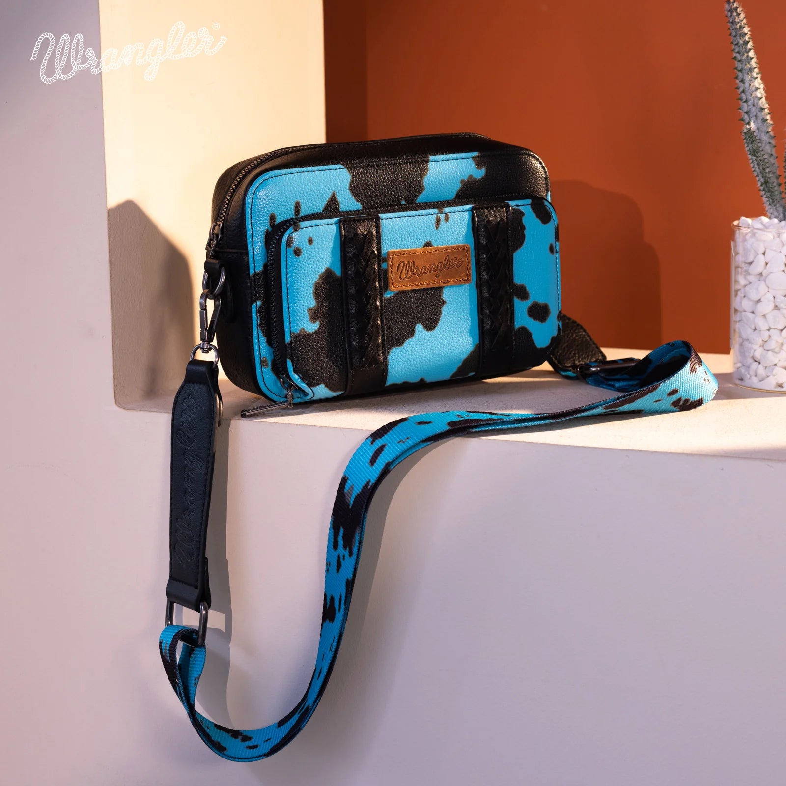 Wrangler Cow Print Crossbody ~ Turquoise - Henderson's Western Store