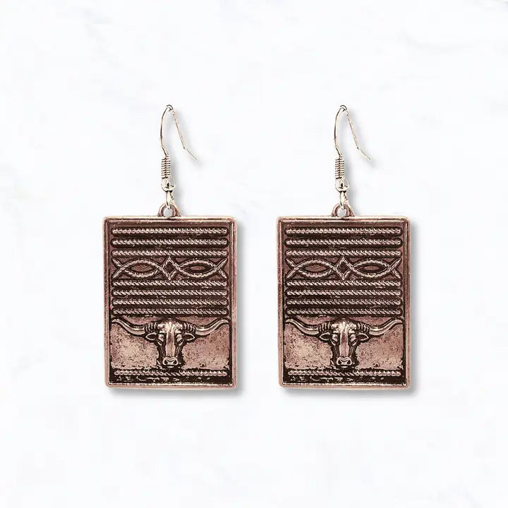 Western Steer Head Square Drop Earrings - Henderson's Western Store