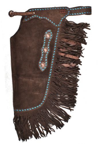 Chocolate Suede Chink W/Turquoise Buckstitch chap Showman