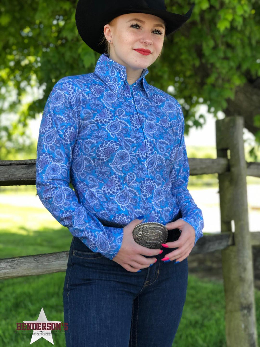 Elastane Front Zip Shirt ~ Blue Paisley Show Shirt Royal Highness   