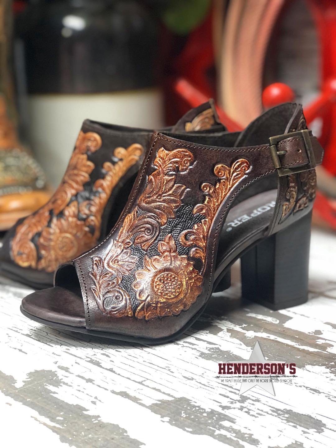 Floral Tooled Open Toe Heel ~ Closed Back Women's Boots Roper