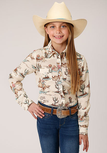 Girl's Retro Rodeo Printed Rayon by Roper ~ Cream - Henderson's Western Store