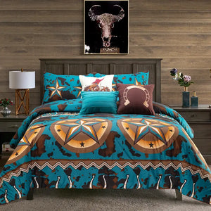 Load image into Gallery viewer, Star &amp; Blue Cowprint Sheet  Set ~ Queen - Henderson&#39;s Western Store