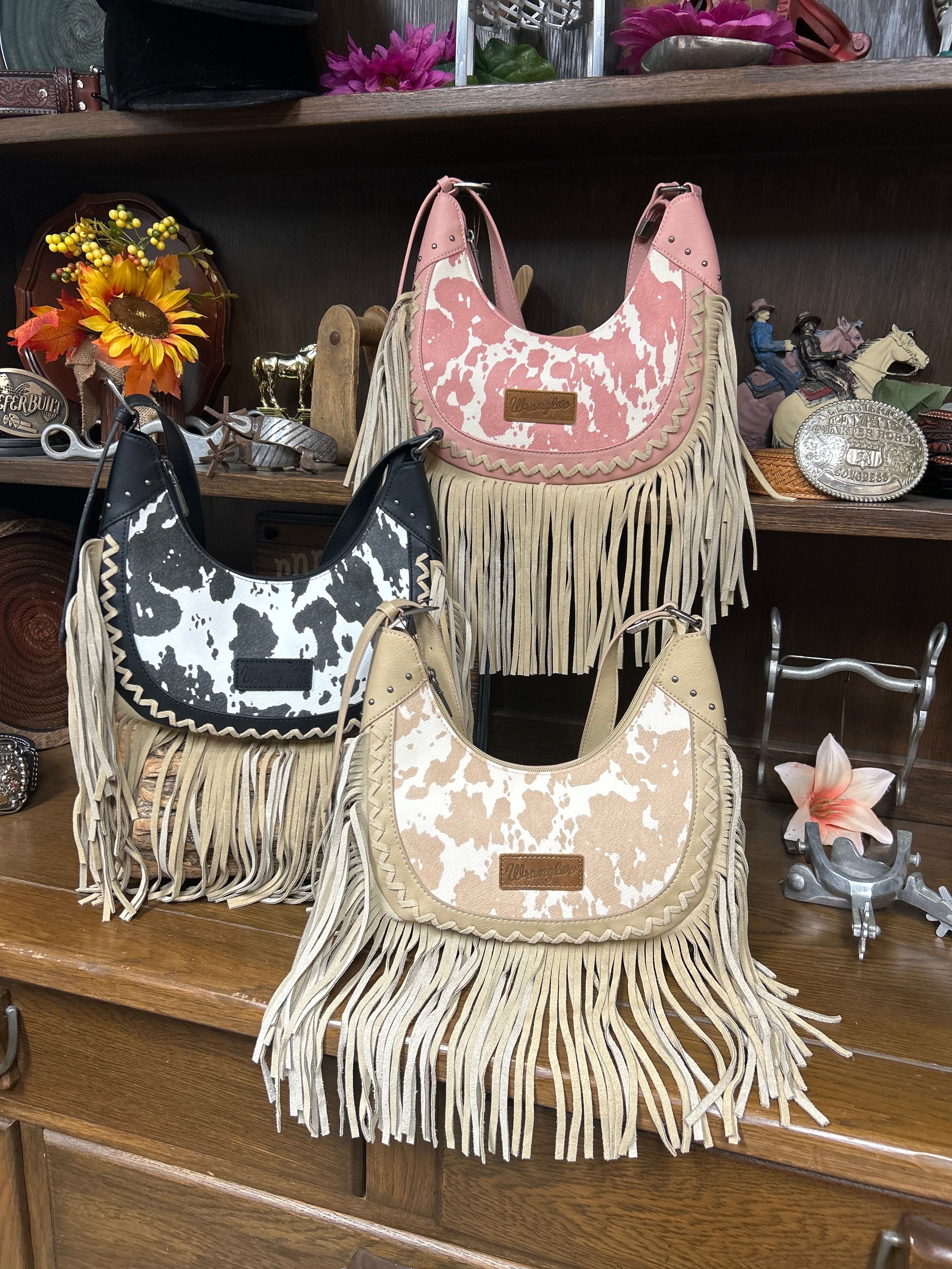 Wrangler Cow Print Fringe Shoulder Hobo Bag - Henderson's Western Store