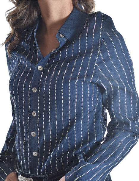 Pullover Button Up by Cowgirl Tuff ~ Denim W/Rows Crystal Embellishing - Henderson's Western Store