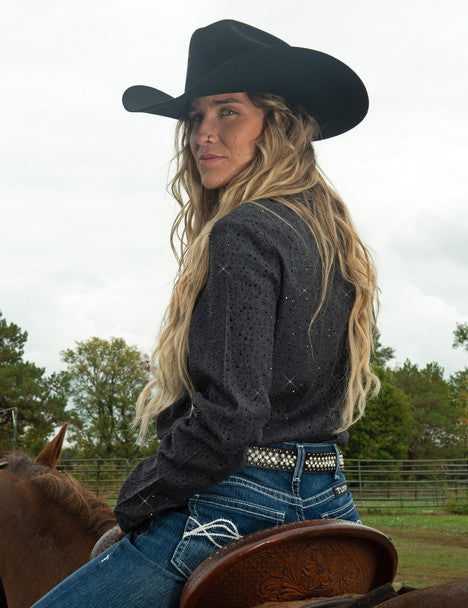 Pullover Button Up by Cowgirl Tuff ~ Black Denim W/Allover Crystal Embellishing - Henderson's Western Store
