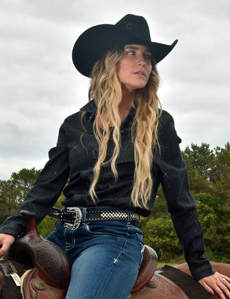 Pullover Button Up by Cowgirl Tuff ~ Black Denim W/Allover Crystal Embellishing - Henderson's Western Store