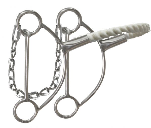 Showman Stainless steel hackamore with wax coated twisted rope noseband. 6