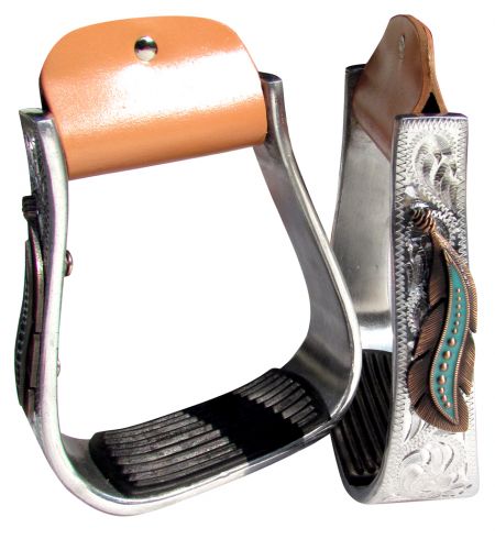 Aluminum  Stirrup ~ Copper & Teal Feather - Henderson's Western Store