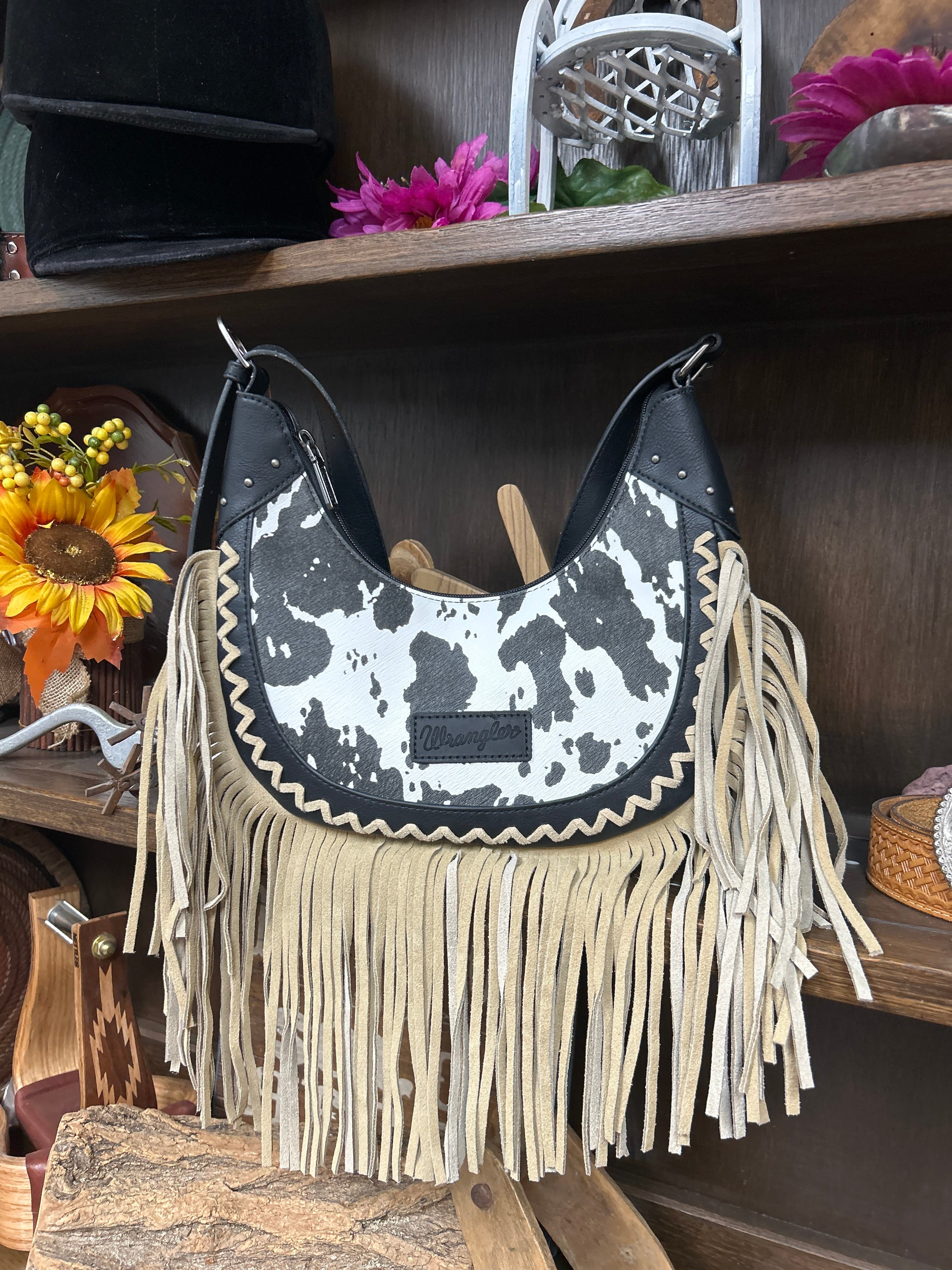 Wrangler Cow Print Fringe Shoulder Hobo Bag - Henderson's Western Store