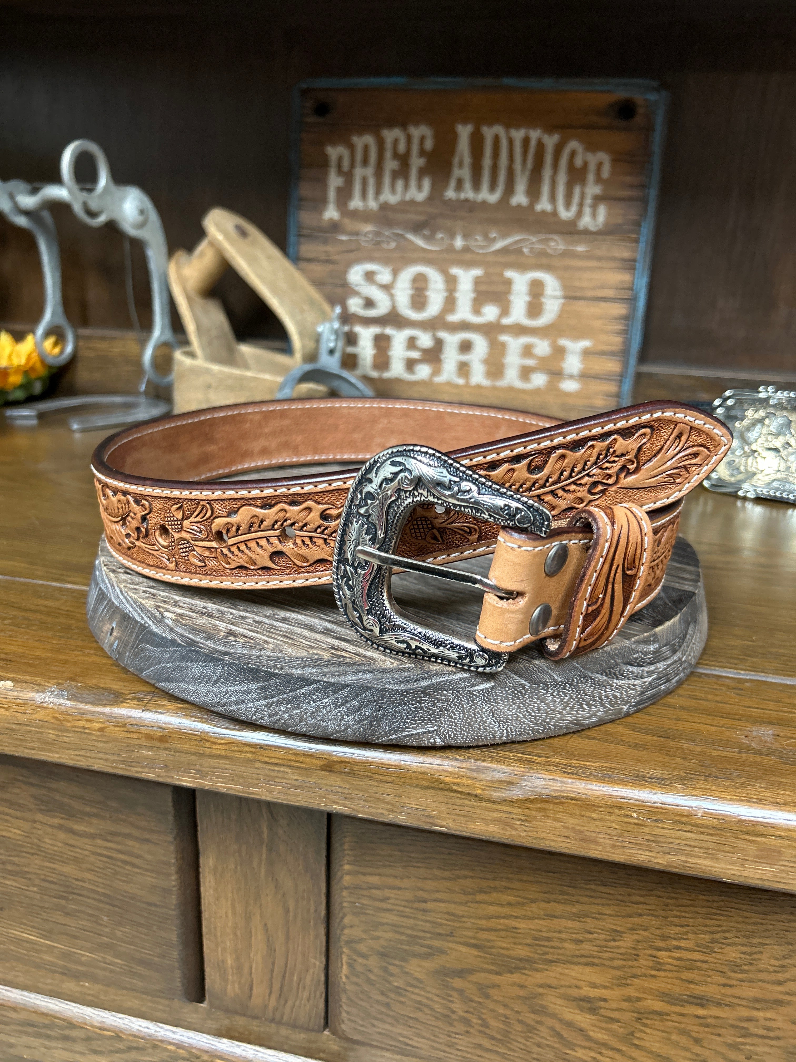Leather Tooled Belt~Oak Leaf - Henderson's Western Store