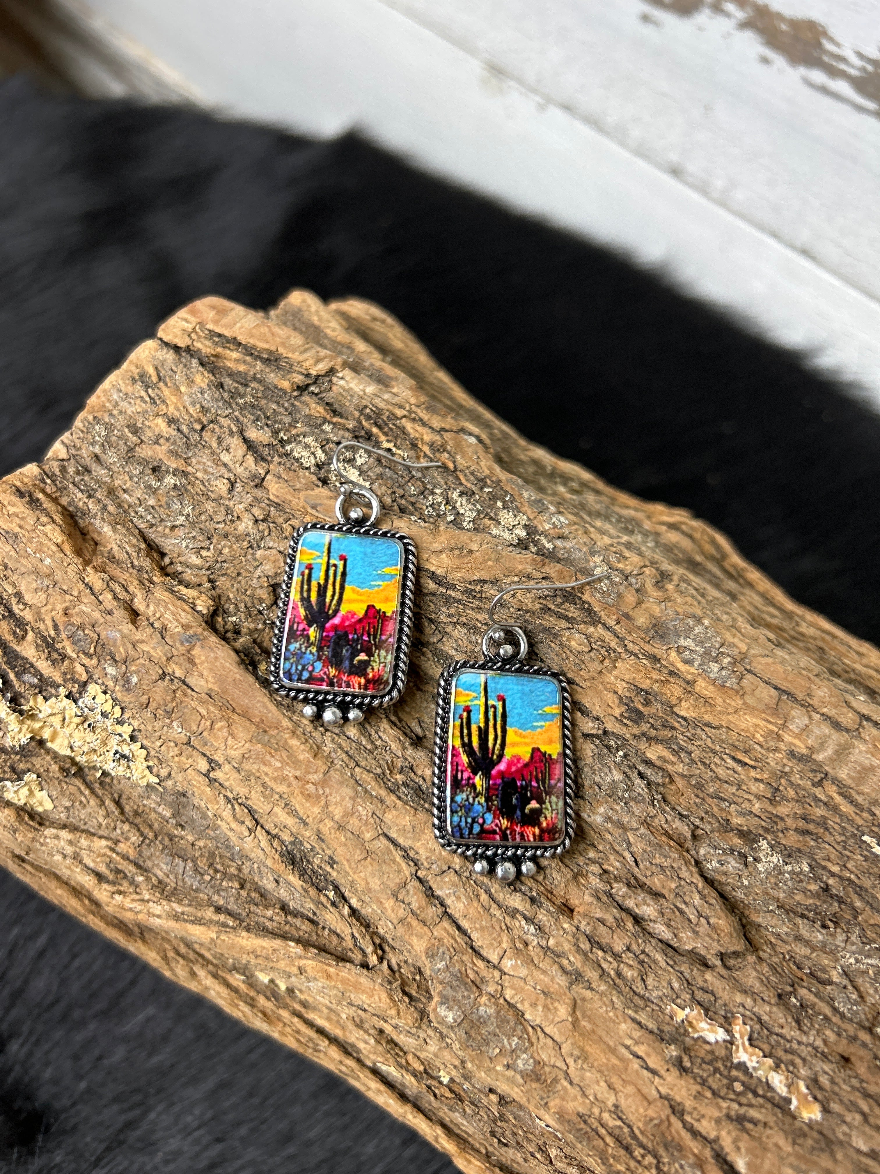 Western Theme Print Rectangle Earrings - Henderson's Western Store