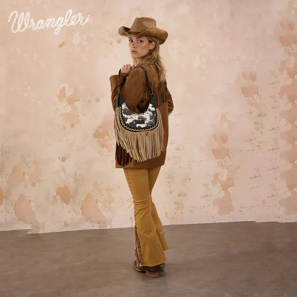 Wrangler Cow Print Fringe Shoulder Hobo Bag - Henderson's Western Store