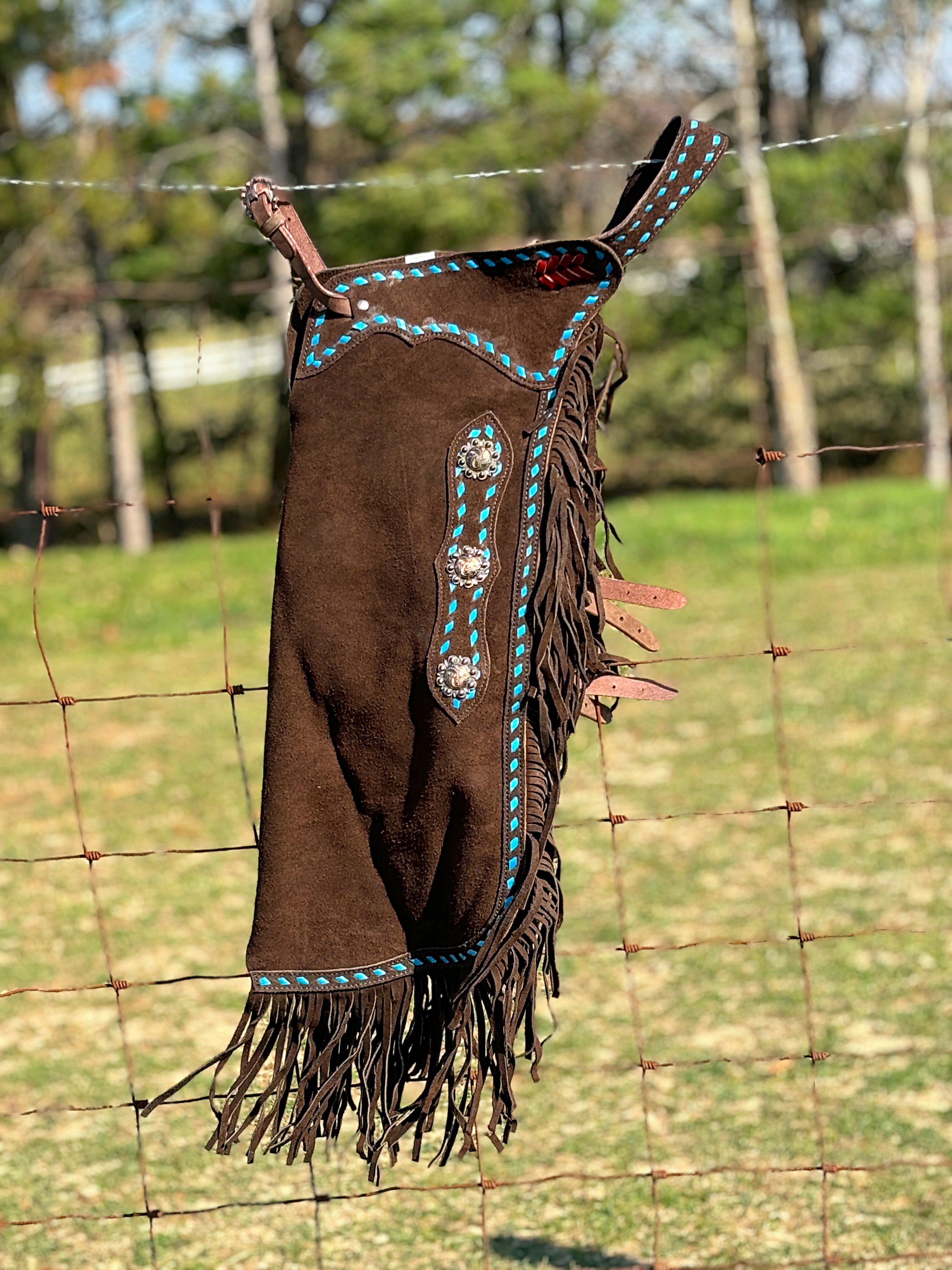 BUCK-TICK　コサージュ Chocolate Suede Chink W/Turquoise Buckstitch | Henderson's Western