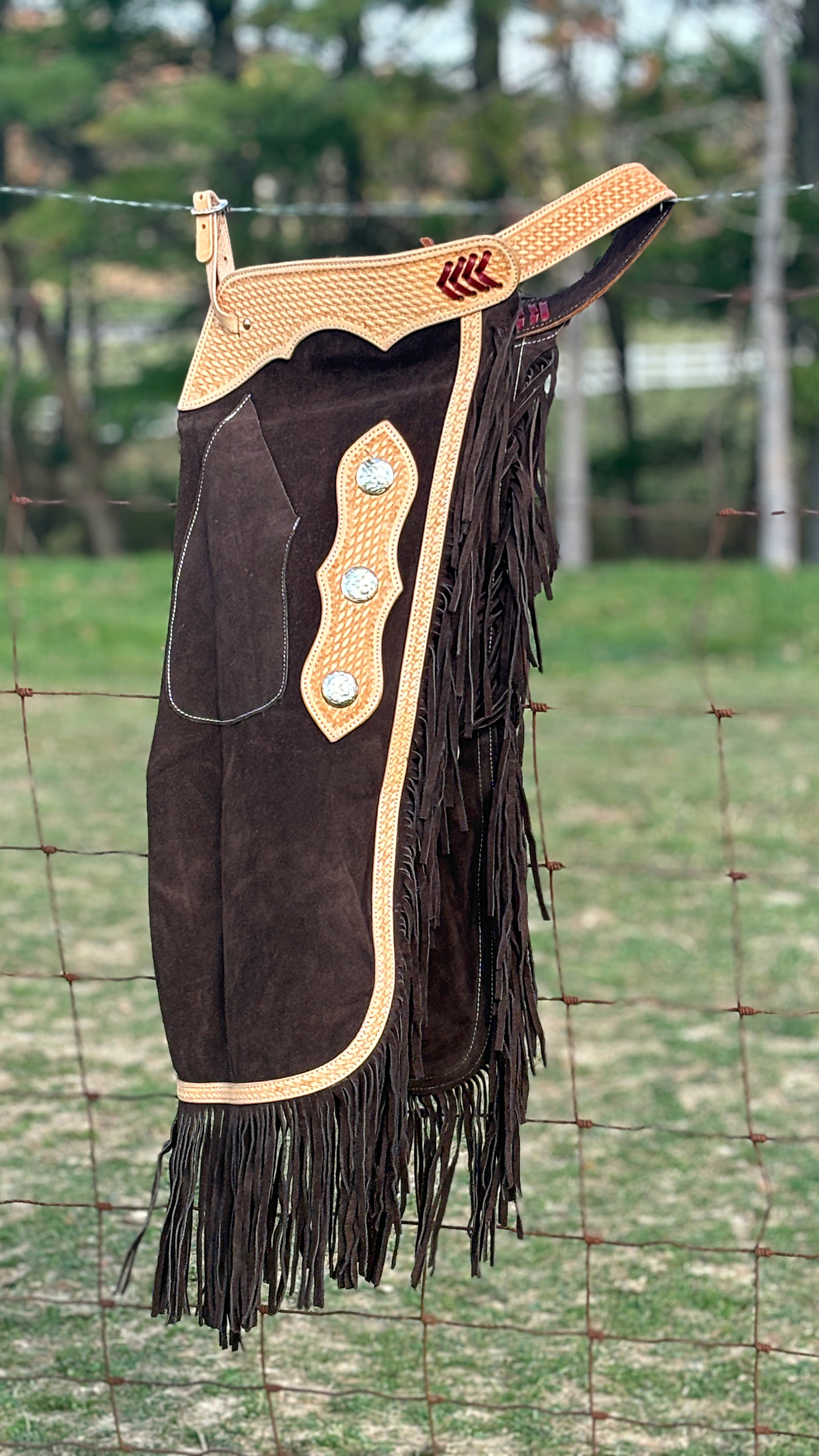 Chocolate Suede Chink W/Basket Tooling | Henderson's Western Store