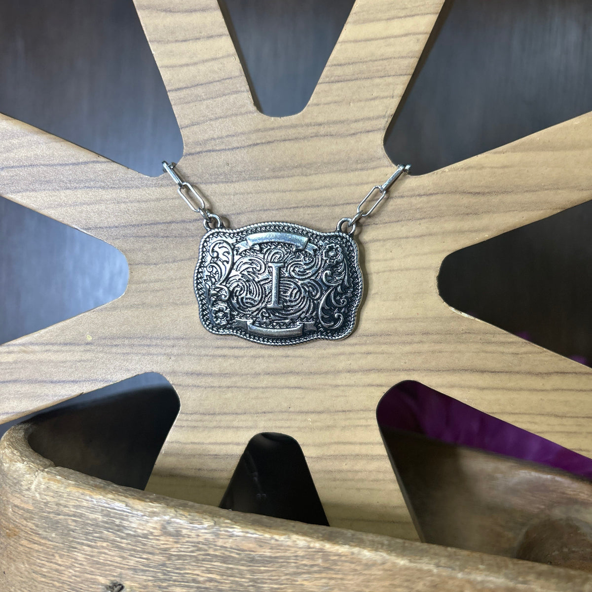 Western Buckle Initial Necklace ~ I