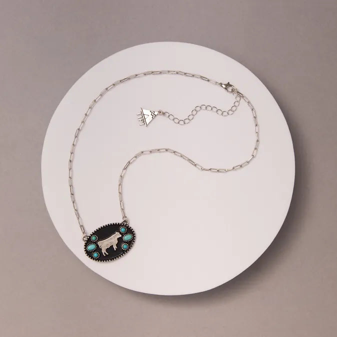 Western Oval Cow Silhouette Turquoise Necklace - Henderson's Western Store