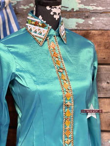 Load image into Gallery viewer, RHC Taffeta Bling Concealed Zipper Show Shirt - Green - Henderson&#39;s Western Store